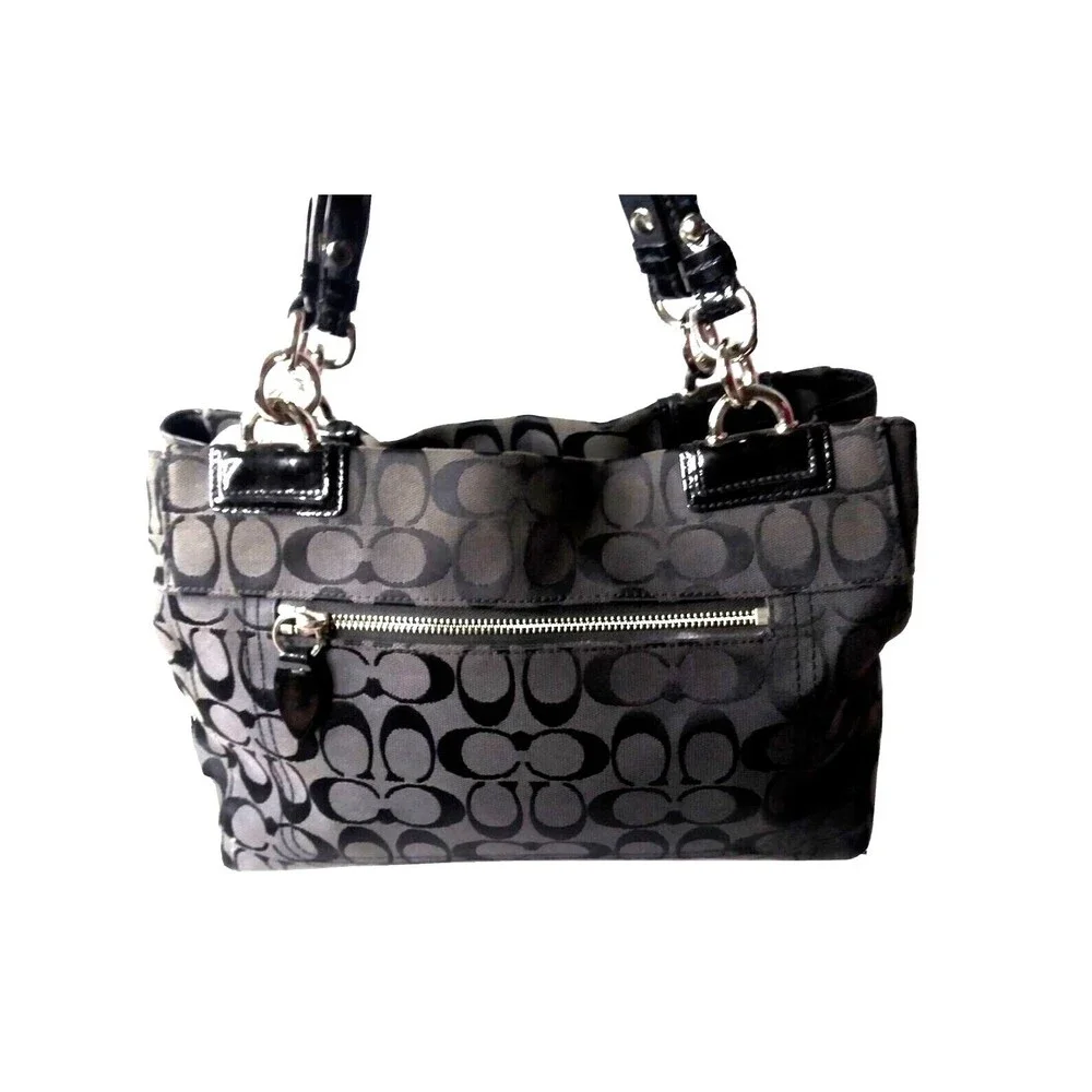 COACH F16580 Black Logo Canvas & Leather Handbag Python Embossed Accent